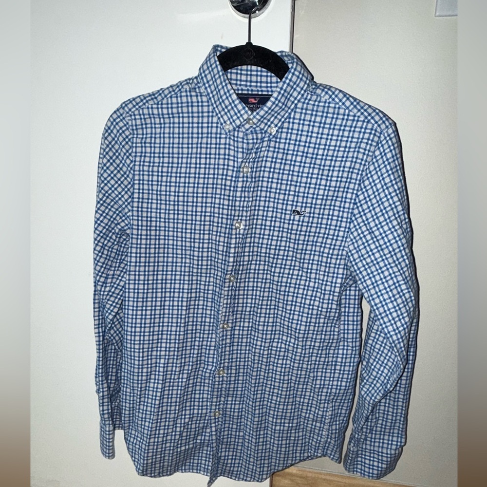 Vineyard Vines Slim Fit Flannel-Like Check Shirt (XS) – Blue & White